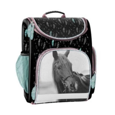 Ergonomisk skoletaske med sød hest - gode store rum og polstret ryg med fleksible seler til dit barn - skoletilbehør