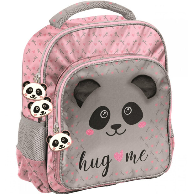 børnehavetaske med panda i grå og lyserød hos skoletilbehør